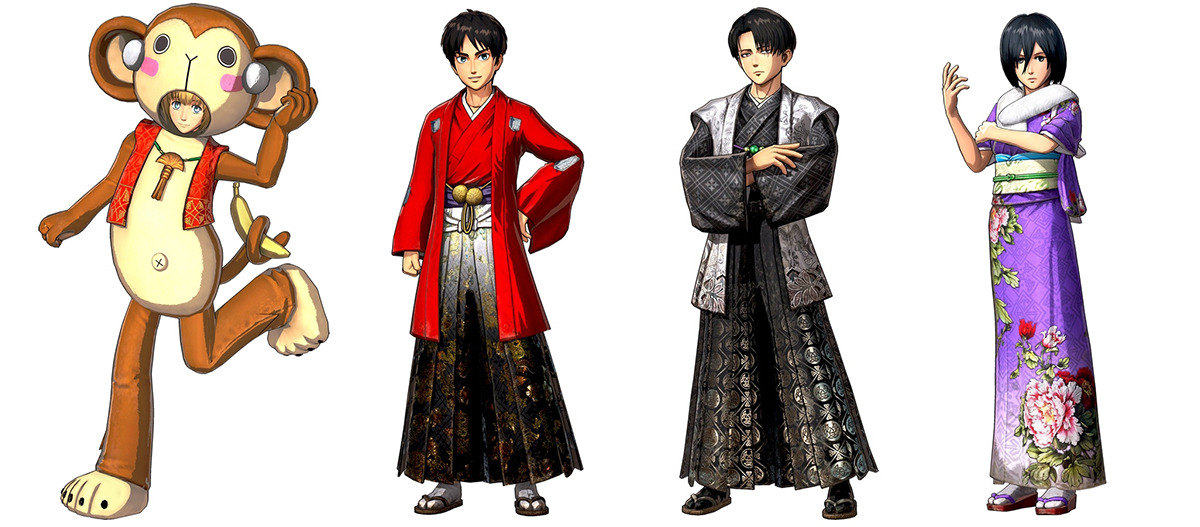 The full sets of standard and DLC costumes for Armin, Eren, Levi &amp; Mikasa