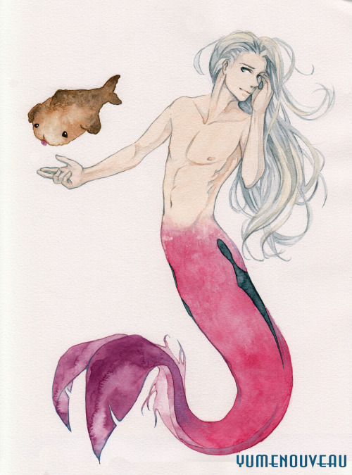 yumenouveau:8/365 Merman Viktor (and Makkafish) done in watercolors, I think I’ll do a few more char