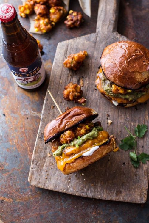 delicious-designs: Smoky Chipotle Cheddar Burgers with Mexican Street Corn Fritters.