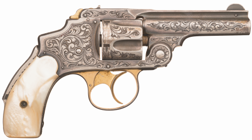 Engraved Smith & Wesson 38 Safety Hammerless double action revolver with pearl grips, late 19th 