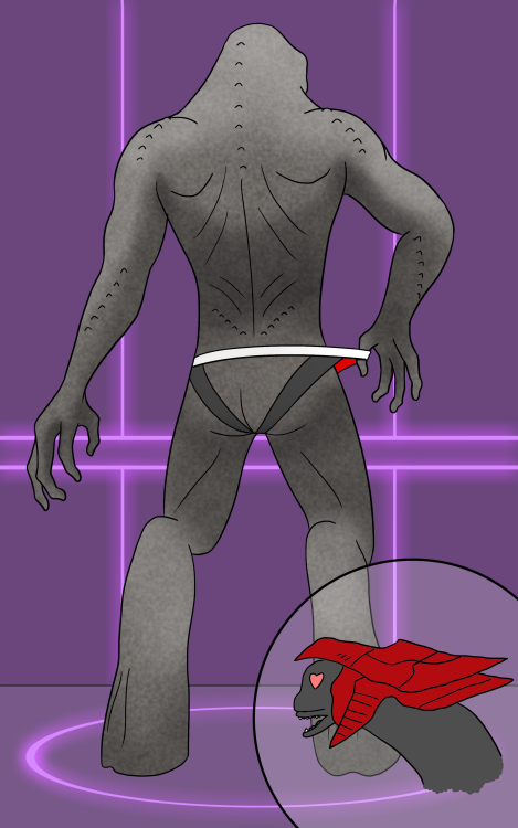 Needless to say N'tho ‘Sraom found Thel outside naked and trapped, thankfully with no one else seeing him. Understanding his plight of not having proper Sangheili underwear, he brought the former Arbiter to a changing room to tryout some briefs