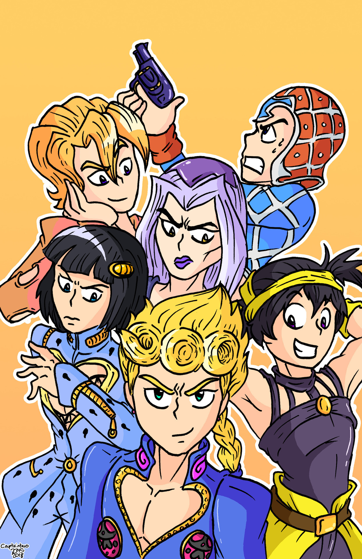 To celebrate the Vento Aureo anime coming out next month, I drew this poster of Passione.