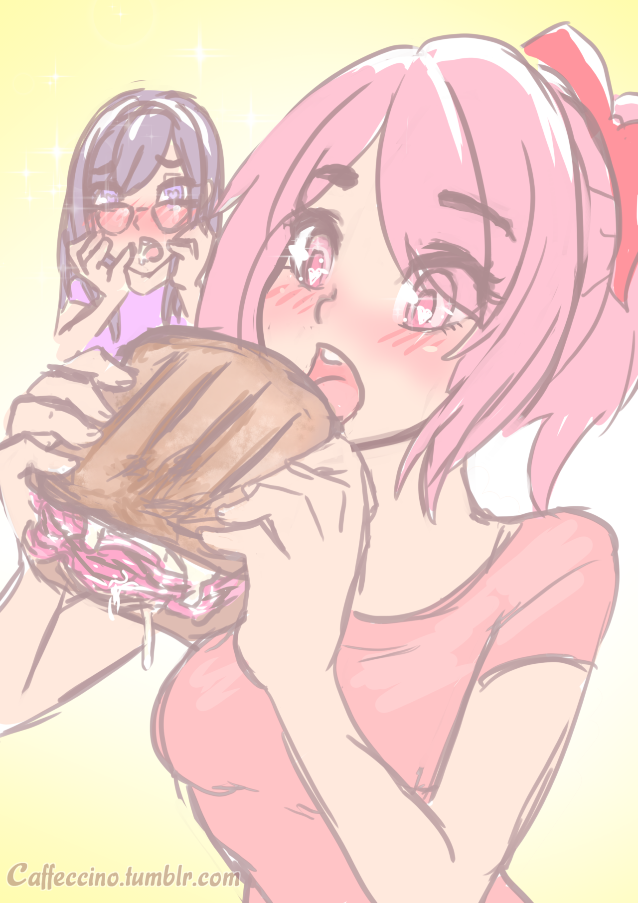 Madoka eats the ultimate sandwich, impressing Homura-chan with her sandwich munching