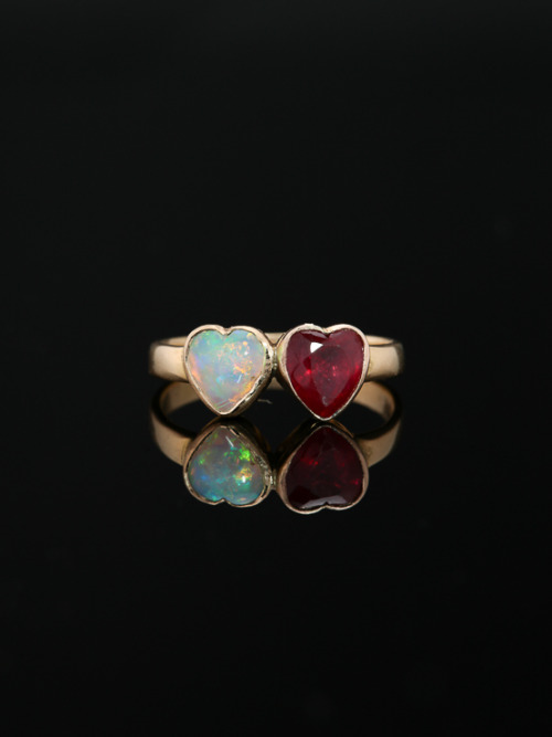 allaboutrings:Antique Victorian Ruby and Opal Twin Hearts Ring