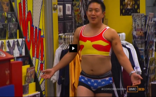 husbandsir:  comicbookmen:  COMIC BOOK MEN SEASON 2 EP #9 — A guy brings in a pair of 1978 Superman and Wonder Woman underoos to sell.  Walt and Ming dare each other to try them on, with only Ming following through on the bet.  I had HULK underoos!