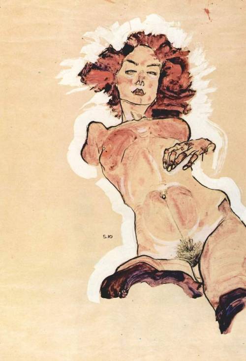 artist-schiele:  Female nude, Egon SchieleMedium: indianink,watercolor,paper,temperahttps://www.wikiart.org/en/egon-schiele/female-nude-1910-1