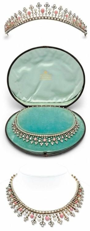 gemville: Rare Conch Pearl, Pearl and Diamond Necklace/Tiara, Circa 1870’s–1880’s 