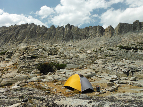 The Pinnacles, like the spikes on the back of a reptile, and my campsite. Pinnacle Lakes Basin, John