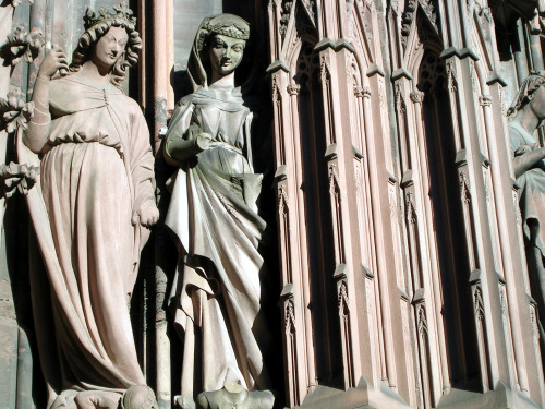 Gothic female sculptures on Cathedral of Strasbourg’s facade, c. 13th-14th century