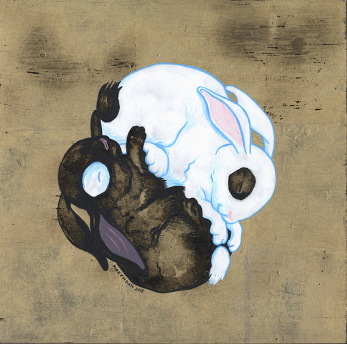 “Bunny Yin-Yang (2)”acrylic and gold leaf on board, 8x8 inches, 2018Made for our March 2018 show “Cu