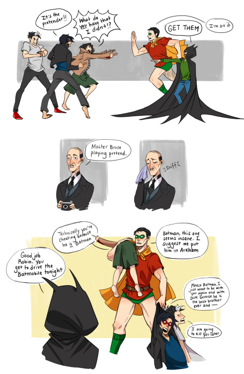 inkydandy:  What an unexpected trilogy. Also, I was going to put Bruce in something resembling Tim’s Robin suit, but Bruce in green undies. You just don’t pass that opportunity up.First part | Second part