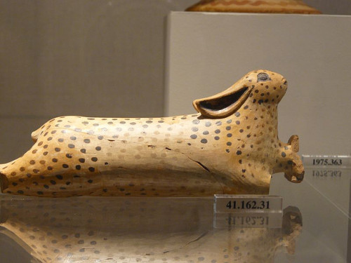 dwellerinthelibrary:Terracotta alabastron (perfume vase) in the shape of a hare Etruscan Etrusco-Cor