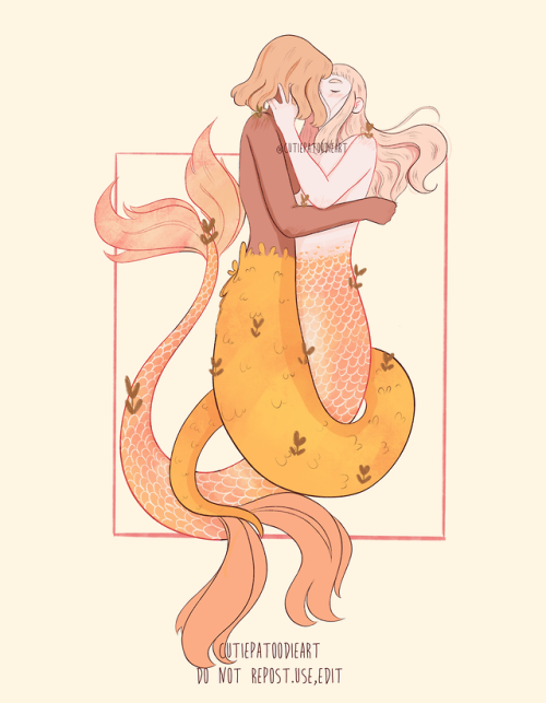 cutiepatoodieart:Mermay day 1[ID: Illustration of two mermaids kissing. One has a yellow tail,tan sk