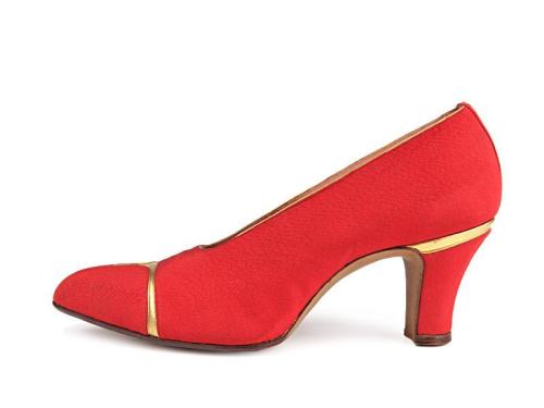 Red rep silk pumps, decorated with gold leather inserts on the toes and heels.Belgium. c. 1928-30Sho