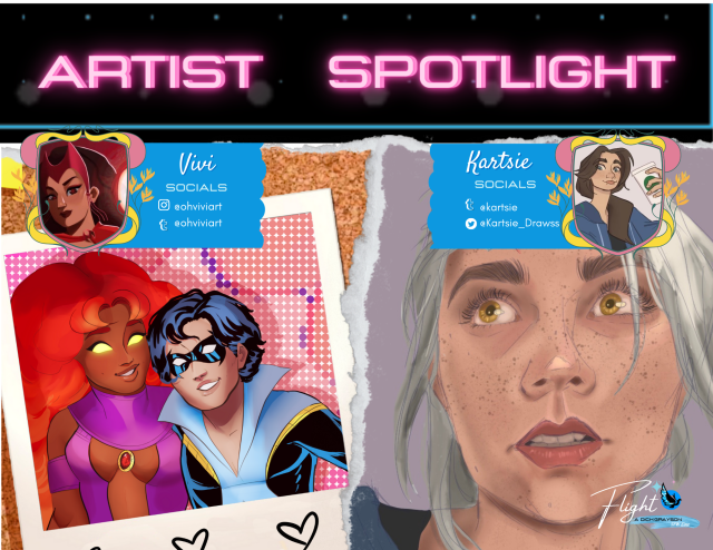 A graphic announcing Vivi and Kartsie as zine artists. Vivi is at ohviviart on Tumblr and Instagram, while Kartsie is at kartsie on Tumblr and Kartsie_Drawss on Twitter.