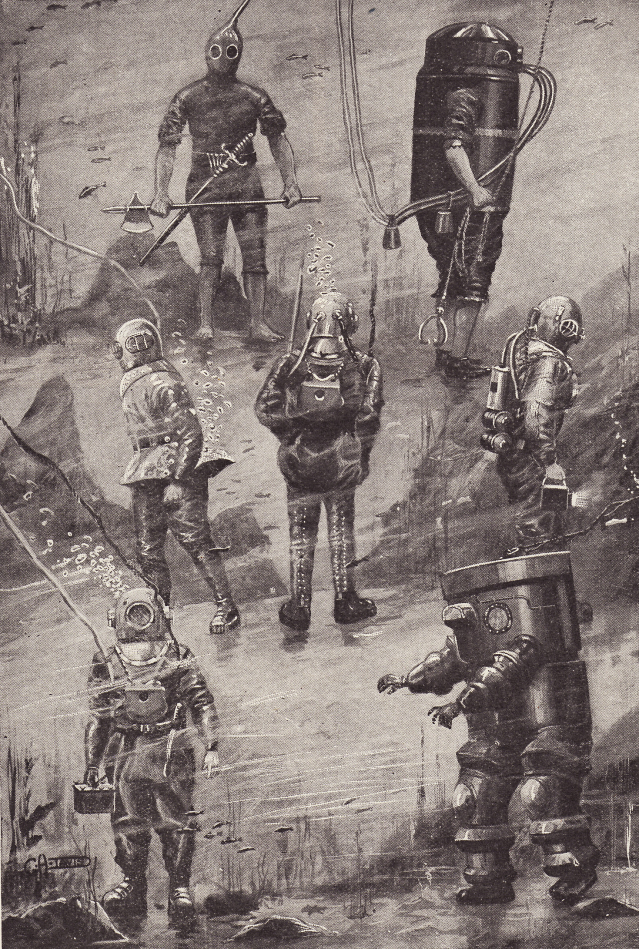 crush-depth:  the guy in the upper left hand corner with an underwater sword and