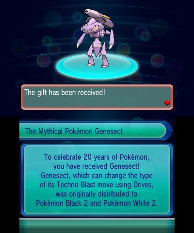 shelgon:  For those of you in Europe, Australia & North America, a second chance event for Genesect has gone live in both North America and Europe on XY & ORAS. In North America, this is through the code GENESECT20 and in Europe it’s through