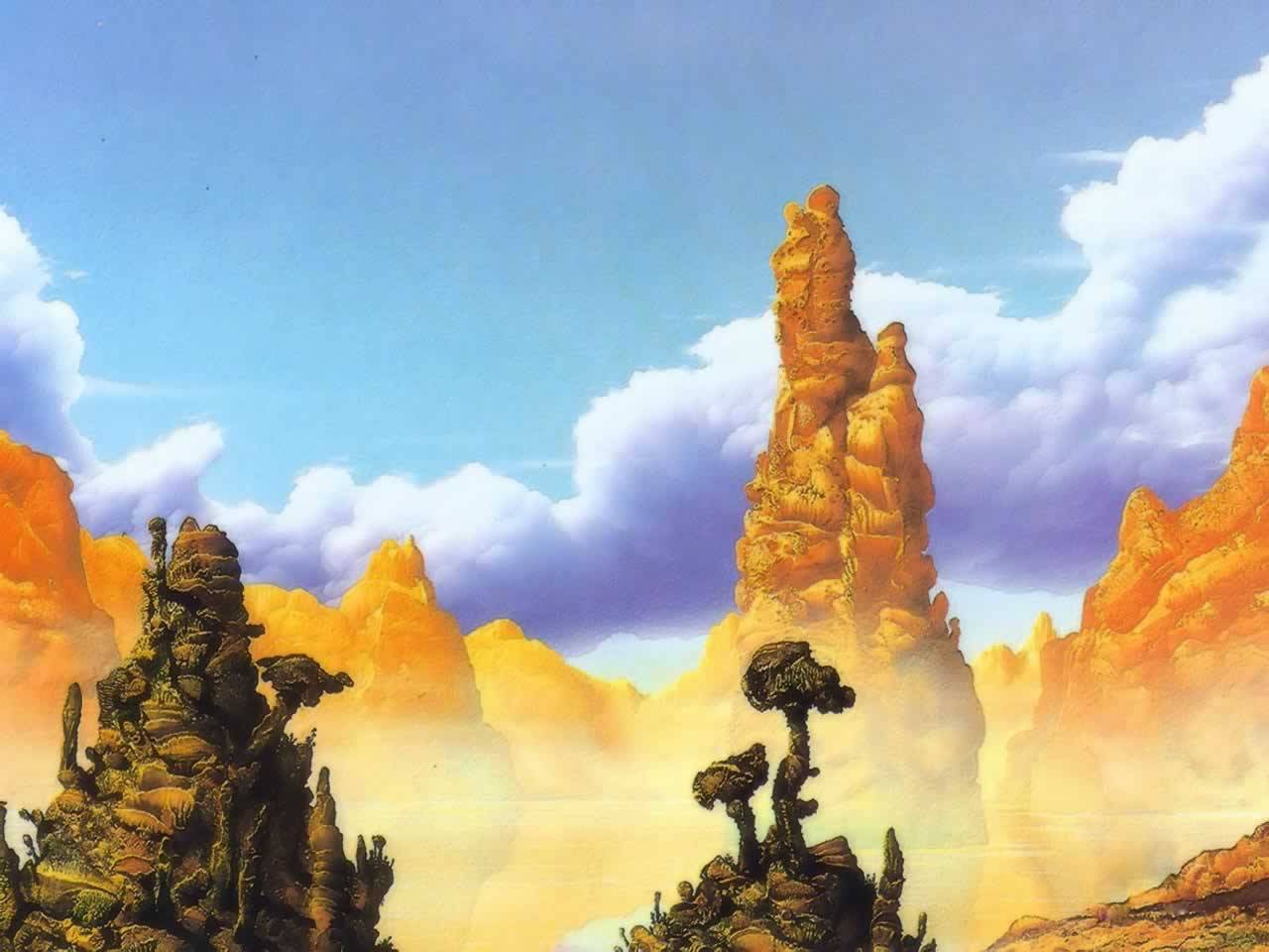 70sscifiart:  Two versions of a landscape by Tim White. The second one was used as