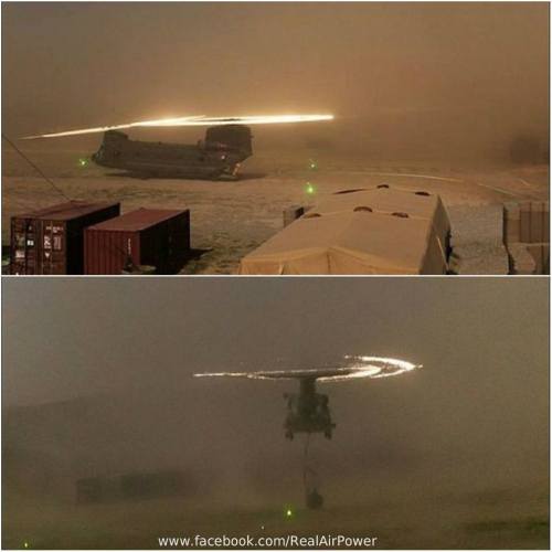 toocatsoriginals:  CH-47 Chinooks in Afghanistan Demonstrating the “Halo Effect,” Officially Known as the “Kopp-Etchells Effect” - When Sand and Dust Hit a Rapidly-Spinning Rotor. Sand and dust hitting a spinning helicopter rotor can cause erosion,