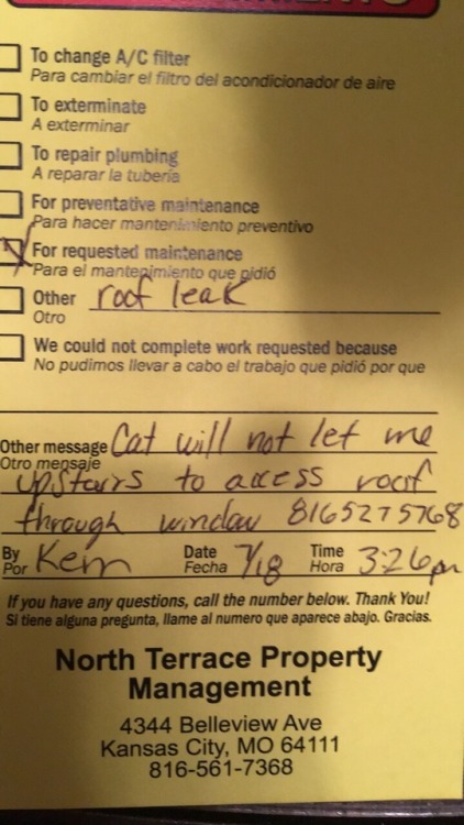 this is seriously a note the maintenance guy left me in regards to my request My fucking cat apparen
