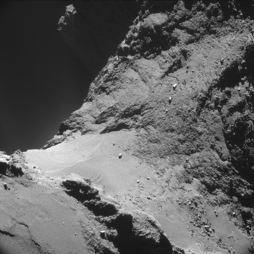 Image taken on 18 October from distance of 7.8 km from surface of comet 67P/C-G.
The image is static. But this comet is traveling hundreds of kilometers per second.