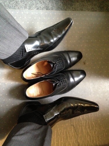 suitnshoes: Time for my boy to swap out of his slutty shoes into his sober formal ones. But what’s g