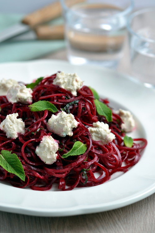 Beetroot Ribbon Salad with Mint and Cashew Cheese (raw)