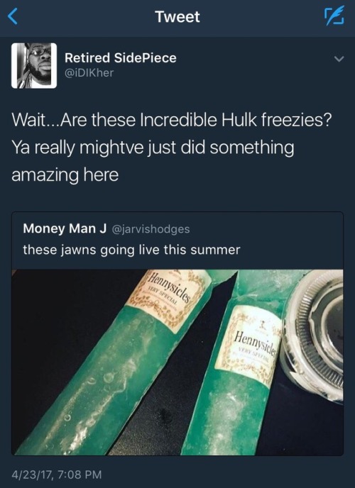 drankinwatahmelin:  raygunbradbury: therestlessintrovert:  hypnotic-flow:  y'all..  Yo  hennyone’s liver gonna be okay? Nope.   Icredible Hulk icies is how I die  Does hypnotiq freeze? I know my freezer won’t freeze henny, I used to keep it in