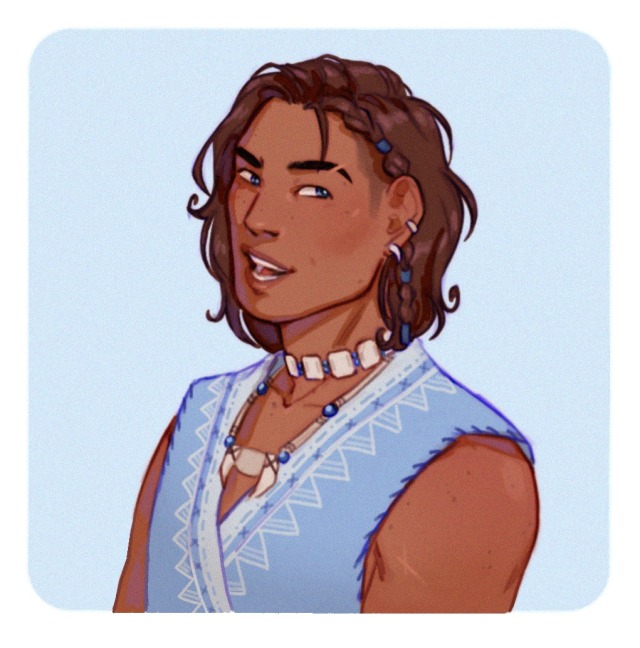 Colored digital portrait of sokka, he’s drawn by 3/4, smiling and looking to his right, his hair are left down and he’s wearing a sleeveless tunic