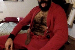 leather-big-wolf: Heavy Nipples weights, my red Union Suit, and my thick hard meat. Come, let Daddy have some fun boy ! 