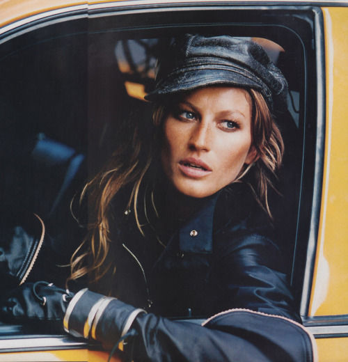 Gisele Bunschen by Peter Lindbergh for HB September 2004 - Emporio Armani leather jacket and hat,  D