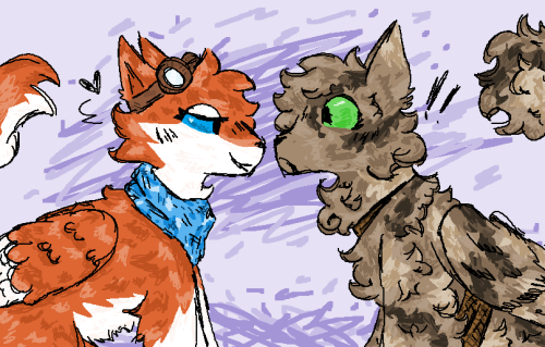 two wolves are staring at each other. the one on the left is red with white undersides and feathers, she also has goggles on above her blue eyes, and has a blue bandana. on the right is a very fluffy brown wolf, with darker and lighter brown splotches, she has some ropes around her body. she has green eyes and wings. a heart is pointed towards the red one and exclamation marks are near the brown one, who looks surprised. they're both blushing. the background is lavender with purple stripes near their faces and at the bottom of the image.