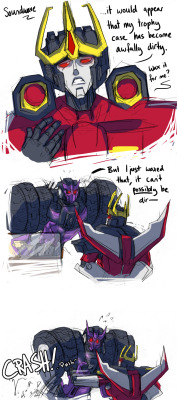 crashboombanger:  herzspalter:  Based on this wonderful post Crashboombanger’s been making these awesome soundclips lately of Starscream and Tarn being dicks and I thought I could draw some of it. I can’t do it justice, so go listen to the original,