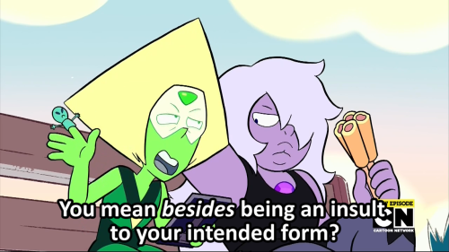 chefpyro:  I like this little moment. Because it shows that Amethyst understands Peridot. She knows at this point that Peridot is simply bitter and irritable in nature, and not to hold it against her. She asks a question, Peridot responds with a bitter