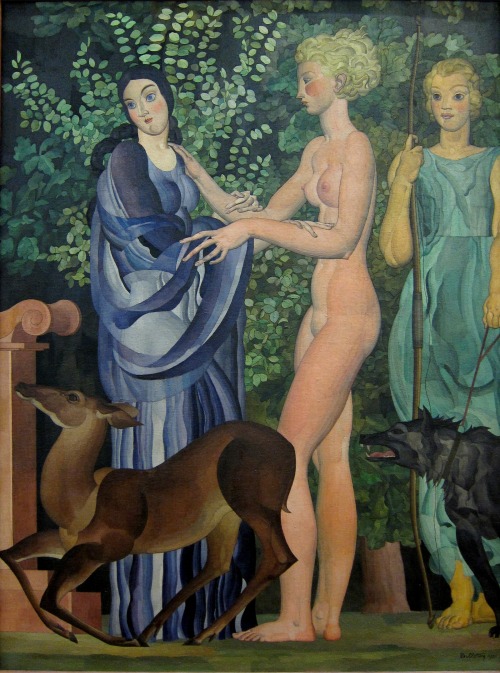 Painting by Louis Billotey, showing Clytemnestra, Iphigenia, and Artemis, with altar at left, 1935