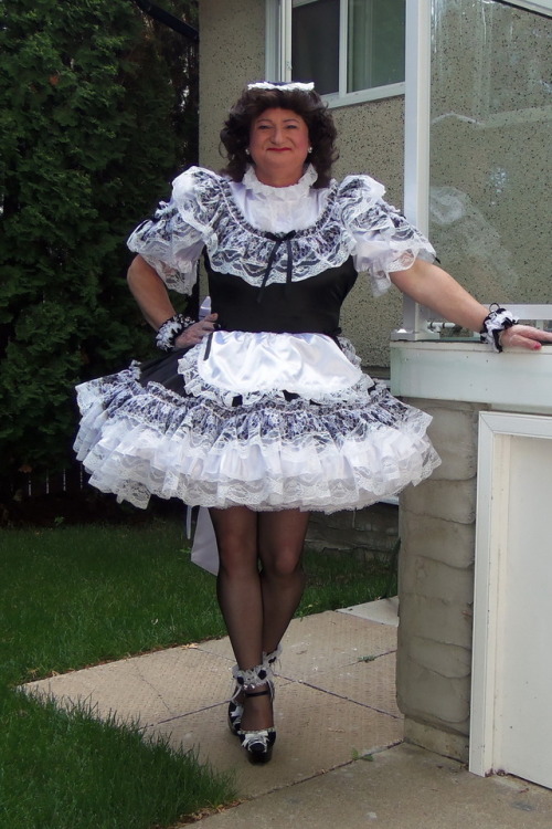 maidteri:  #B14 ADULT SISSY FRENCH MAID DRESS worn with my sexy Pleaser MAID-07 6" stiletto heels with a 1.75" platform Lace trimmed D'Orsay pumps with corset detail at heel, dainty Satin & Lace Wrist Bell Cuffs, 1" real leather ankle