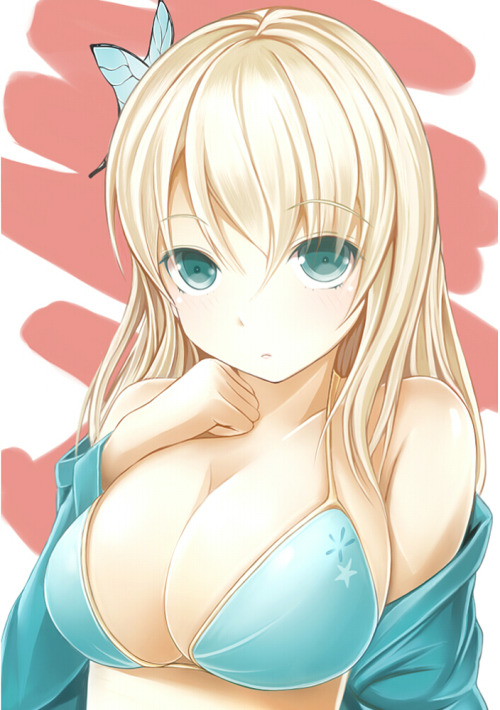 boku wa tomodachi ga sukunai、kashiwazaki sena、nanacy7、bikini、hairpin、jacket、bikini top、nannacy7、solo、breasts、1girl、swimsuit、huge breasts、butterfly、butterfly hair ornament、blush、blonde、long hair、looking at viewer、blue