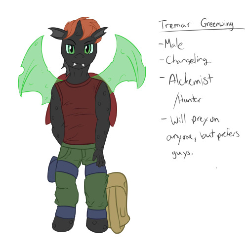 Meet Tremar Greenwing, new anthro-changeling oc who I spent quite a bit of time yesterday coming up with.  He’s gonna be doing all the kinkier stuff in my drawings.  Spent a lot of time thinking about changelings, and how they worked.  Here’s
