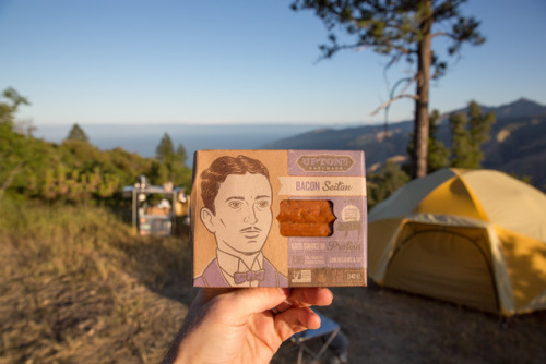 Big Sur at sunset with a nice assortment of vegan camp food. Beyond Burgers with Upton’s Bacon