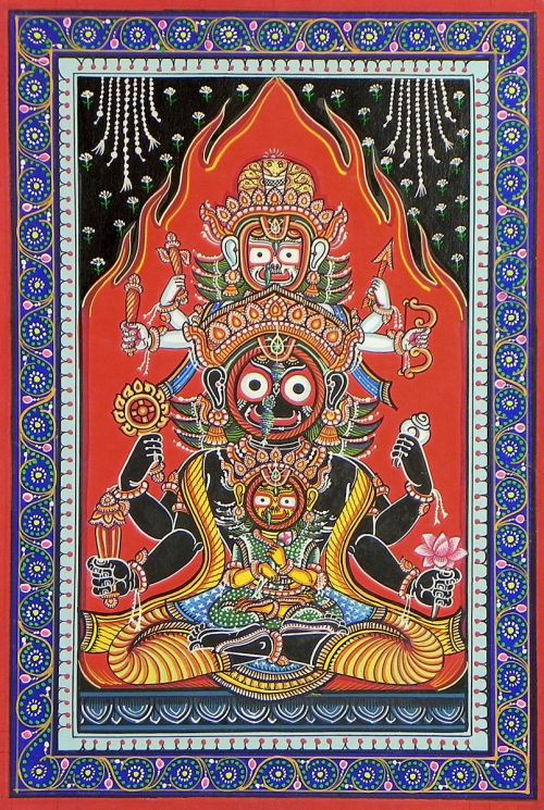 hinducosmos:Jagannath, Balaram & SubhadraOrissa Pata Painting on Patti (via Dolls of India)