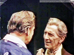 vincentpriceonline:Vincent Price & Peter Cushing || Candid/on the || “Madhouse” || 1973 || 8 gif