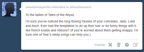 talesofanswers:    No!  Of course not!  Certainly not!    …  Tear, you put the boys down for a nap, I’ll go grab my ribbons~  I have some adorable hair accessories as well! They would look perfect on Asch or the Colonel.  But what if they wake up