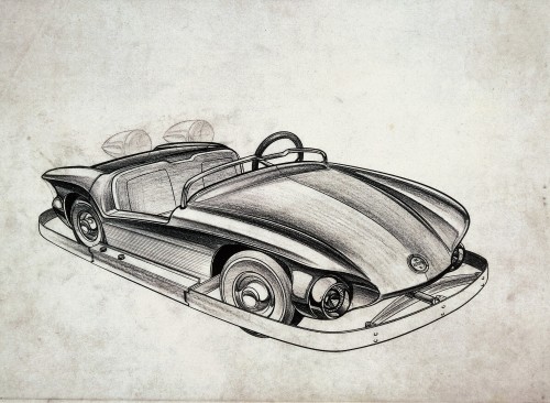 Disneyland’s Autopia concept art by Bob Gurr and Mark VII car (c.1967)