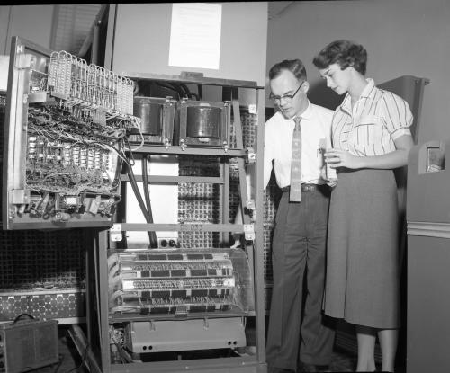 IBM 650 At Texas A&M, Opened Up To Show Rear Of Front Panel, Vacuum Tube Modules And Storage Drum, Circa