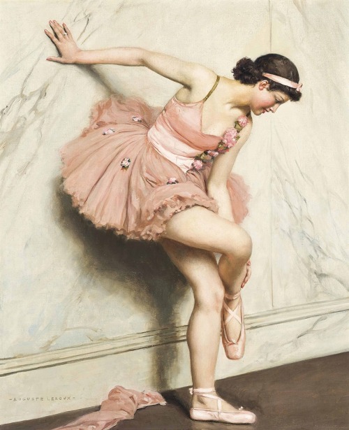 books0977:  Ballerina. Auguste Leroux (French, 1833-1905). Oil on canvas. Leroux exhibited in many Parisian galleries including Galerie Allard, Galerie Petit, Galerie Charpentier, and Galerie Mona Lisa. Leroux’s later paintings show exquisite academic