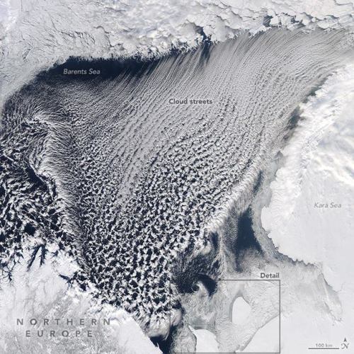 Cloud streets over the Barents SeaAs spring begins in the northern hemisphere and the sea ice starts