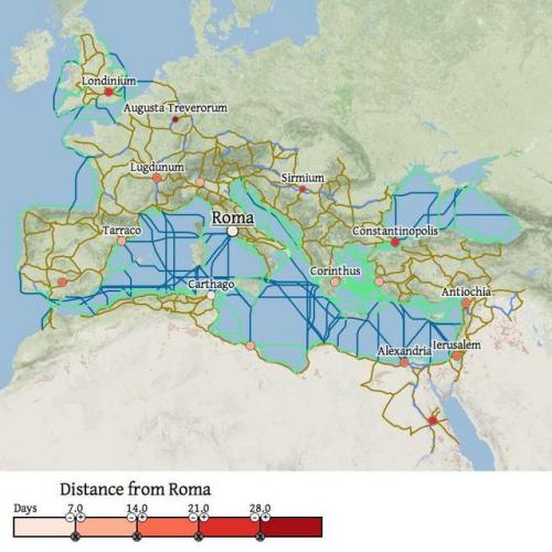 elucubrare:land-of-maps:A map that shows how many days it took to travel to Ancient Rome.and for the