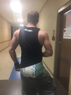 crinklelife: Couldn’t have my sweet baby boy wetting himself at the gym, so mommy diapered him up to keep him “dry.”  xoxo Emma 