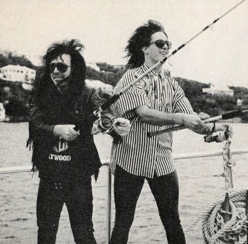 rockwithbibberly: Mick Mars and Nikki Sixx pretending to fish in 1988.