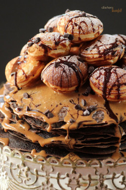 gastrogirl:  chocolate peanut butter crepe cake with aebleskivers. 